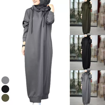 Women's Muslim Hoodie Sweater Long Sleeve Loose Maxi Abaya Jilbab Dress Tops • £14.14