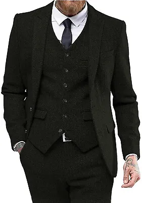Mens 3Pcs Suits Herringbone Wedding Groom Tuxedo Jacket Blazer+Pants+Vest Custom • $59.39