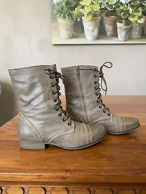 Granny Boots Lace Up Y2K Leather Gray Brown 7.5 M Womens Retro Vintage 90s • $30