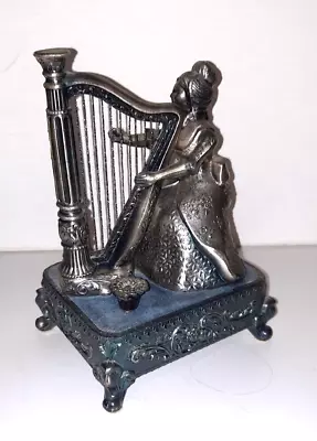 Vintage 1960s Music Box W/ Lady Figurine Playing Harp Arms Move Heavy Metal Mint • $29.99
