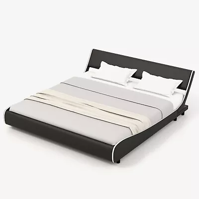 King Upholstered Bed Frame Slatted Bed W/ Reclined Headboard Black White • $199.99