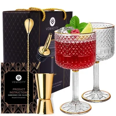 Luxury Gin Glasses Set Of 2 With Gold Rims And Gold Bar Accessories • £26.99
