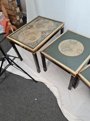 £70 • Buy Nest Of 3 Glass Top Tables Military Campaign With World Map