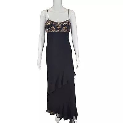 Marina Maxi Silk Dress Small Sz 8 Sz Black Party Formal Gown Elegant Sequin Top • $24.44