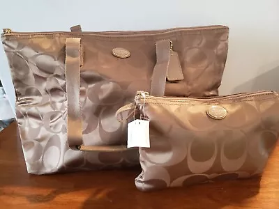 NEW-Coach Large British Tan Travel Weekender Tote + Cosmetic Bag 2 Pc Set NWT • $213.71