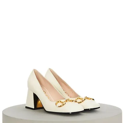 GUCCI 920$ White Leather Mid-Heel Pumps - Horsebit Block Heel • £558.43