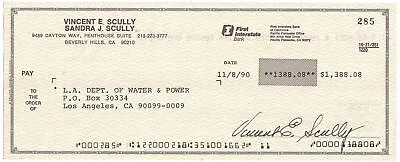 Vin Scully Signed 11/8/1990 First Interstate Bank Check 38955 • $399.99