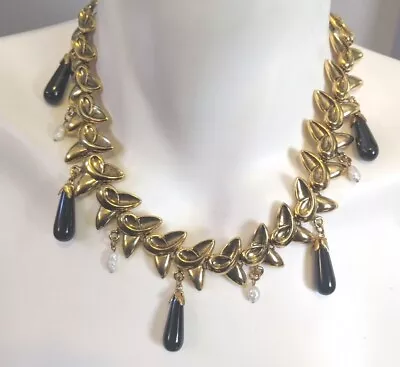 Vtg Genuine Freshwater Pearl Black Onyx ? Wide Gold Tone Link Fringe Necklace • $14.99