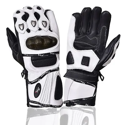 Leather Gloves Motorcycle Motorbike Racing Carbon Knuckle White Winter • £16.99