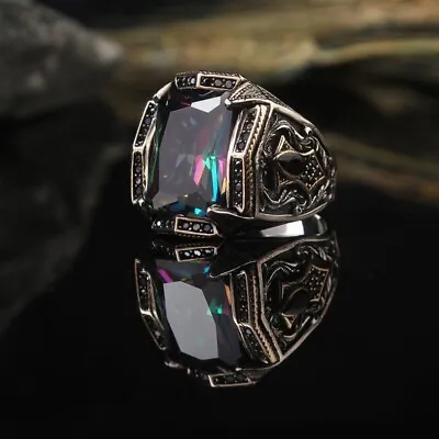 Mens Ring Mystic Topaz GemStone Handmade Silvery Turkish Wedding Band Jewelry • $2.49