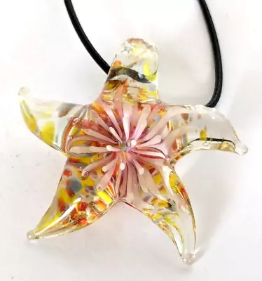 Murano Large Colourful Star Glass Pendant On Black Thong Necklace D27 • £6