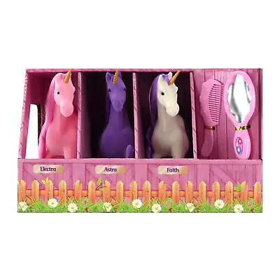 Set Of 3 Large Flocked Toy Magic Unicorn Play Figures In Stable Play Set  • £12.99