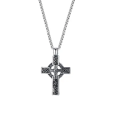 Mens Irish Celtic Trinity Knot Cross Pendant Necklace Stainless Steel Set • $11.87