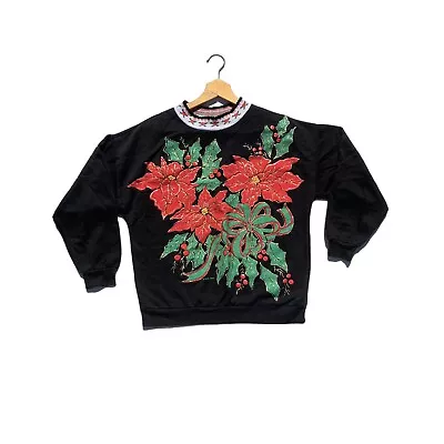 Vintage 90s Christmas Sweater Poinsettia 1991 Made In USA Size Medium Faded Tag • $14.99