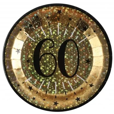 Black Gold 60th Birthday Paper Plates | Sparkling Foil Age 60 Partyware X 10 • £9.95