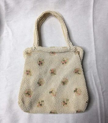 $18 • Buy Vintage 1950’s Lumured Corde Beaded Pink Floral Hinged Purse