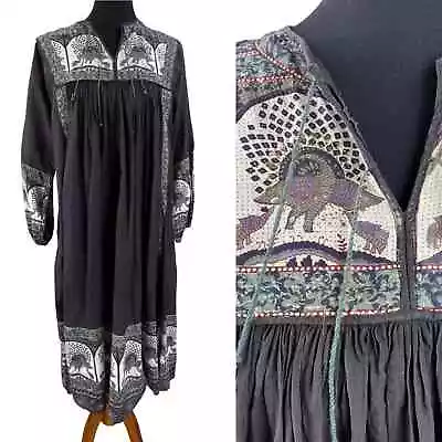 Vintage 70’s Boho Indian Gauze Cotton Midi Dress Size L Hippie Peacocks Floral • $229