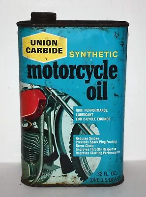 Vintage UNION CARBIDE SYNTHENTIC MOTORCYCLE CYCLE BIKER QUART MOTOR OIL CAN • $39.95