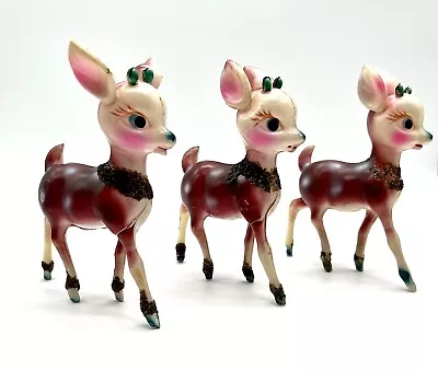 Vintage Christmas Reindeer Celluloid Deer Pink Fuschia Plastic Japan 3 Fawns • $80