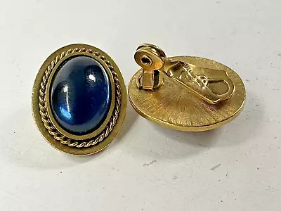 YSL Yves Saint Laurent Signed French Glass Blue Cabochon Gold Clip Earrings • £170.08