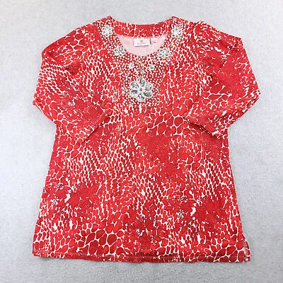 Quacker Factory Top Womens Medium Red Floral Sequin Rhinestones 3/4 Sleeve Tunic • $22