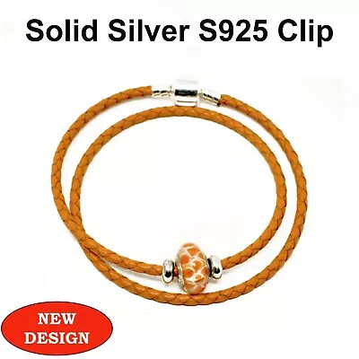 Double Leather Orange Bracelet S925 Silver Clip Stoppers & Murano Charm • £14.99