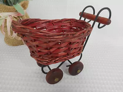 Vintage Small Brown Display Dolls Cane Pram~wooden Wheels~black Metal Frame • $22