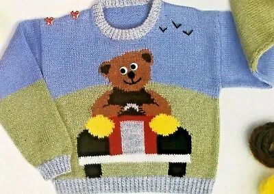 KNITTING PATTERN  GIRLS BOYS TEDDY BEAR PICTURE JUMPER DK Pattern  22 - 30 - 3T  • £2.15