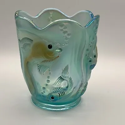 Fenton Colorful Atlantis Koi Fish Iridescent Ice Blue Vase Signed • $185