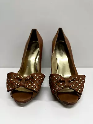 MICHAEL KORS Women Size 9M Brown Leather Heels Open Toe Pumps With Bow • $14.99