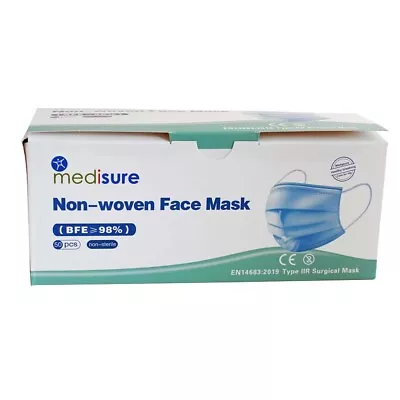 Medisure Type IIR Non Sterile Fluid Resistant Non Woven Surgical Mask Box Of 50 • £6.99