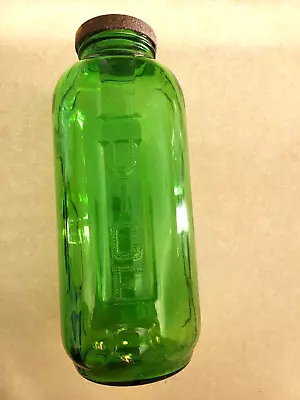 VINTAGE 40 Oz. GREEN GLASS REFRIGERATOR JAR W/SCREW ON LID-EMBOSSED JUICE/WATER • $9.99