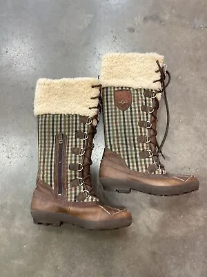 UGG Womens Edmonton Waterproof Plaid Laced Heritage Leather Boots Sheepskin Sz 7 • $70