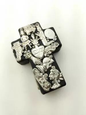 Vintage Unsigned Mexican Folk Art Silver Charm Milagros Black Wooden Cross 3 H • $54.99