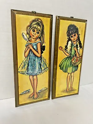 Mid-Century Modern  Big Eyed Girls  Wood Wall Plaques Artist Lien Mei New • $50