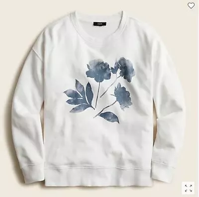 J Crew Women White Blue Floral Cotton Terry Crew Neck Long Sleeve Sweatshirt M • $44.99