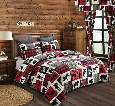 7 Pc LODGE LIFE King QUILT SHEET SET BLACK BEAR MOOSE CABIN RED BUFFALO CHECK • $96.73