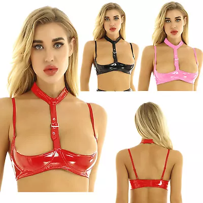 Women's Wetlook Patent Leather Halter Neck Open Cups Bra Tops Lingerie Bralette • £8.39