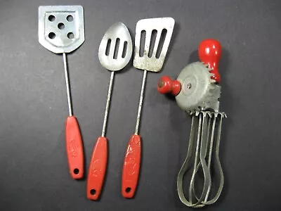 Child's 50's Aluminum Hand Mixer / Eggbeater  Red Wooden Handles & 3 Utensils • $7.50