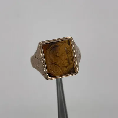 Vintage 14k Yellow Gold Tiger Cats Eye Cameo Warrior Men’s Ring Size 10.5 • $399.99