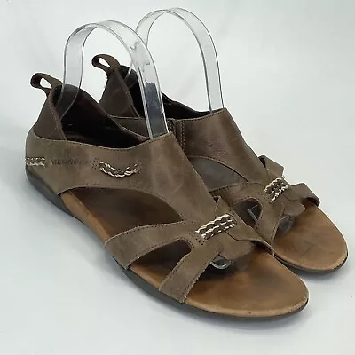 Merrell Flaxen Espresso Slip On Strappy Brown Leather Sandals Women Size 8 (C3) • $35