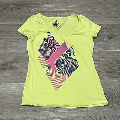 Volcom Womens T Shirt Small S Neon Yellow Logo Graphic Short Sleeve Cotton • $6.38