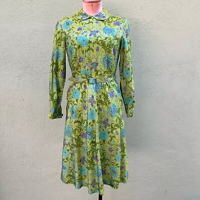 Vintage 60s Floral Peter Pan Collar Dress Silk Long Sleeve Green Retro House XS • $49.99