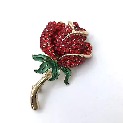 Vintage Monet Brooch Red Crystal Long Stem Rose Brooch Pin Gold Tone • $8.95