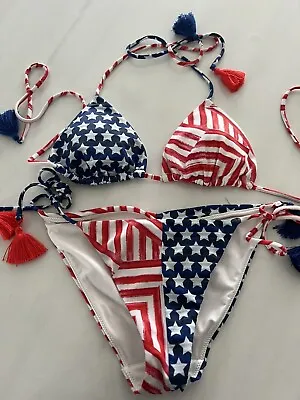 Victoria Secret Patriotic Stars USA Bikini  Top S & Strappy Cheeky Bottoms S • $38.99