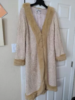 $150 • Buy Vintage 60s 70s 90s Inspired Ivory/ Gold Sue Wong Coat Duster Faux Fur Trim Y2k