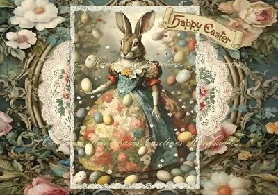 Victorian Easter Rabbit In Dress Floral MULTI-SIZE Cotton Fabric Quilt Block • $12.50