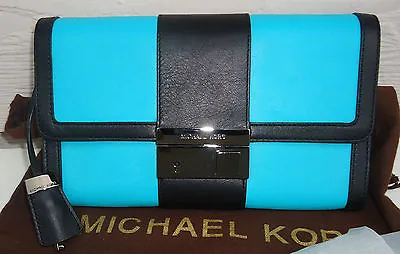 NEW $595 Michael Kors Gia Clutch Crossbody Black Aqua Turquoise Lock Key • $225