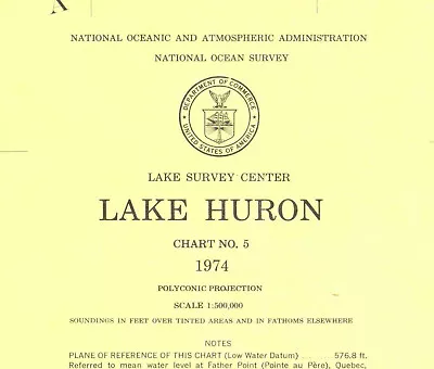Vintage Nautical Chart General Chart Of Lake Huron Lake Survey Center # 5 1974 • $35