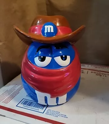 Vintage Blue M&M Bandit Cookie/Candy Jar Red Scarf  Cowboy With Brown  Hat Lid • $29